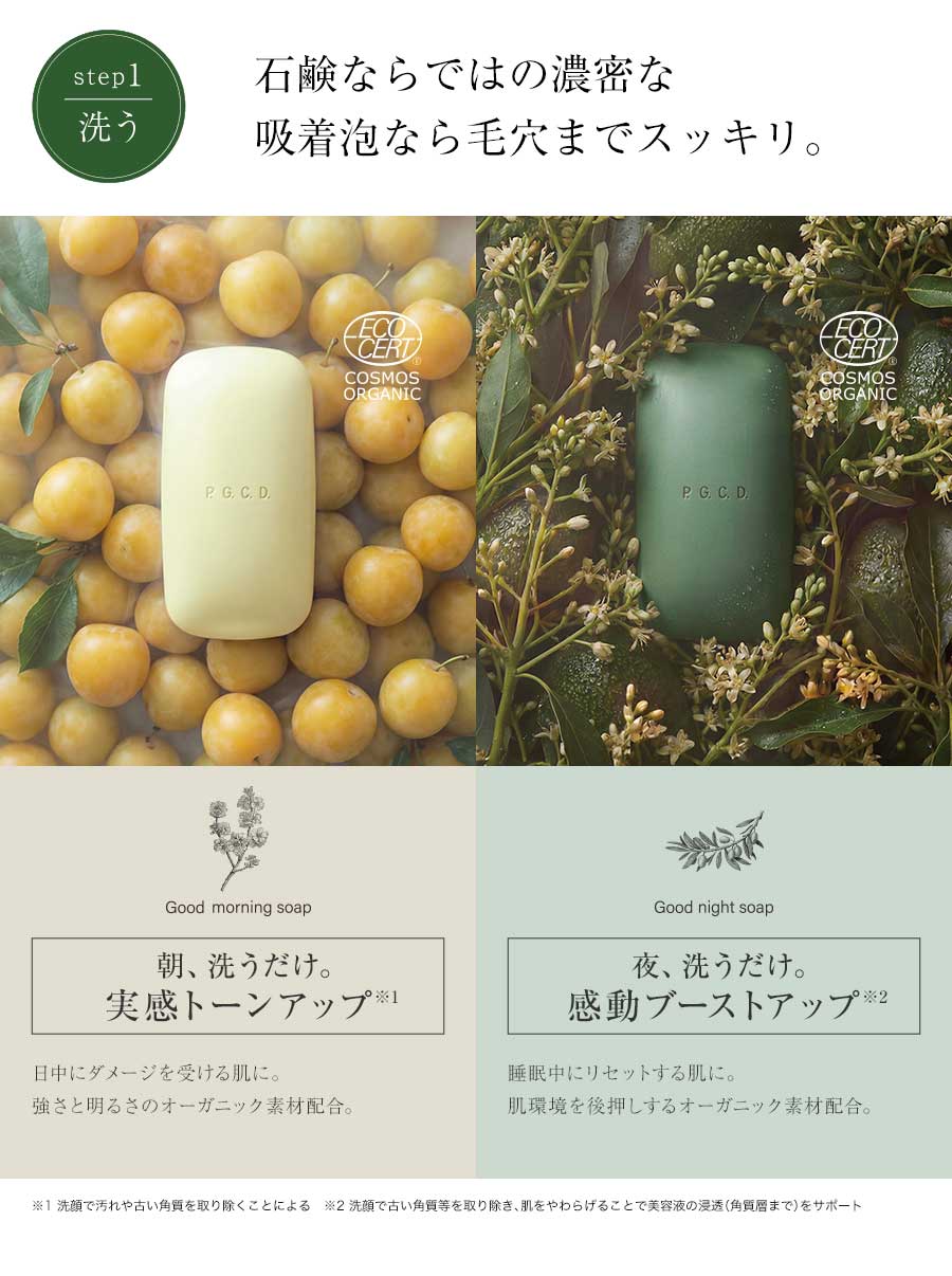 Step1 洗う　石鹸ならではの濃密な吸着泡なら毛穴までスッキリ。