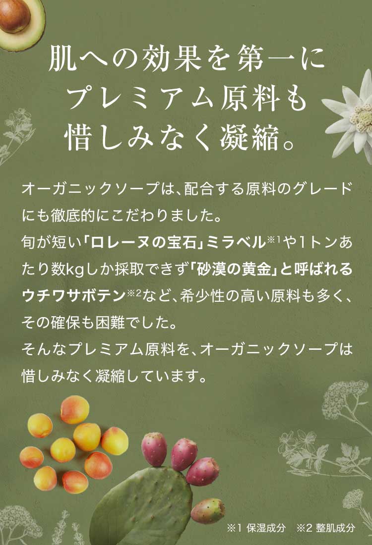 肌への効果を第一にプレミアム原料も惜しみなく凝縮。