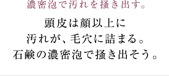 濃密泡で汚れを掻き出す。 頭皮は顔以上に汚れが、毛穴に詰まる。石鹸の濃密泡で掻き出そう。