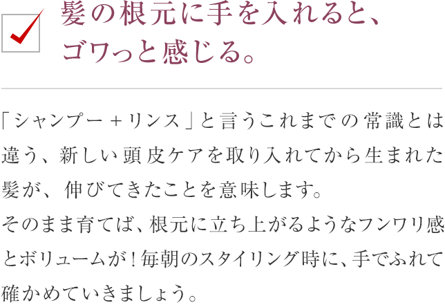 髪の根元に手を入れると、ゴワっと感じる。 「シャンプー+リンス」と言うこれまでの常識とは違う、新しい頭皮ケアを取り入れてから生まれた髪が、伸びてきたことを意味します。そのまま育てば、根元に立ち上がるようなフンワリ感とボリュームが1毎朝のスタイリング時に、手でふれて確かめていきましょう。