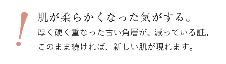 肌が柔らかくなった気がする。厚く硬く重なった古い角層が、減っている証。このまま続ければ、新しいバージンスキンが現れます。