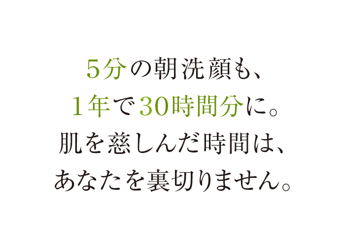 5分の朝洗顔も、1年で30時間分に。肌を慈しんだ時間は、あなたを裏切りません。